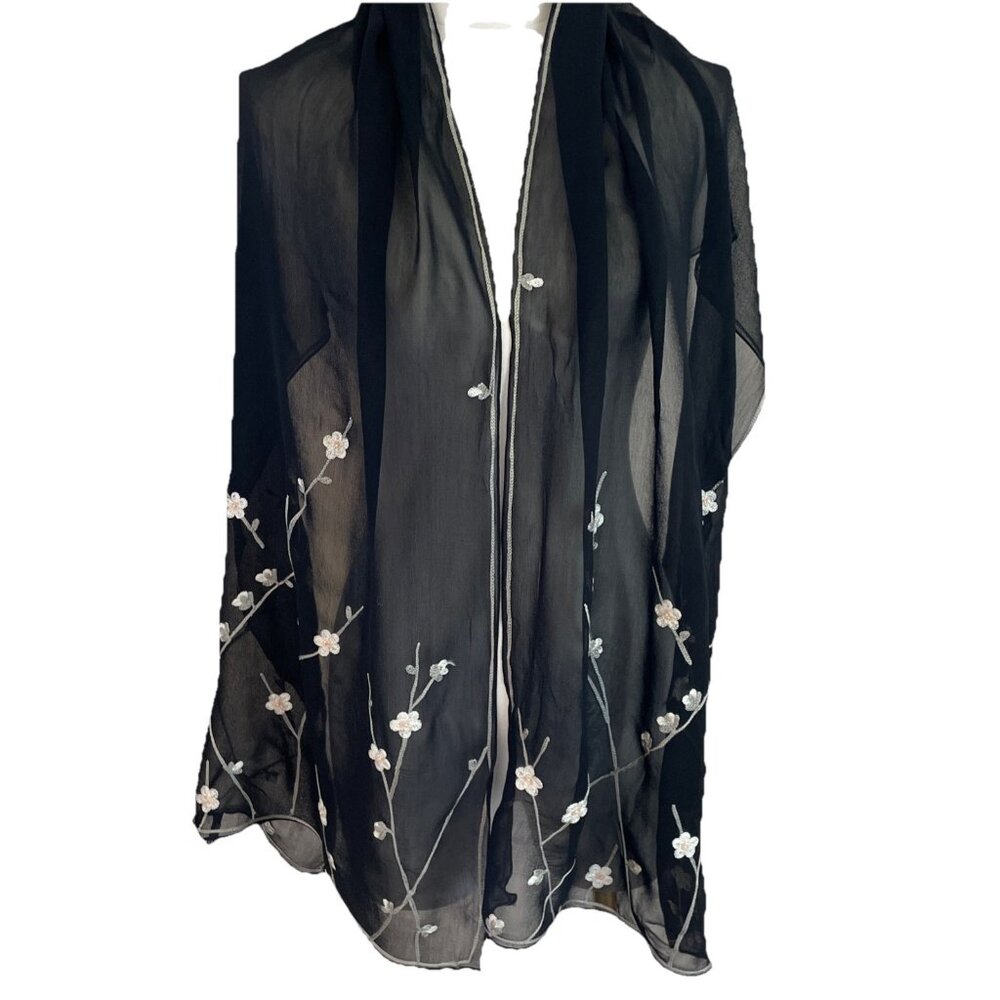 ZAZOU Embroidered Scarf Wrap Black Sheer Chiffon 20x70" Floral Beads Luxury NWT